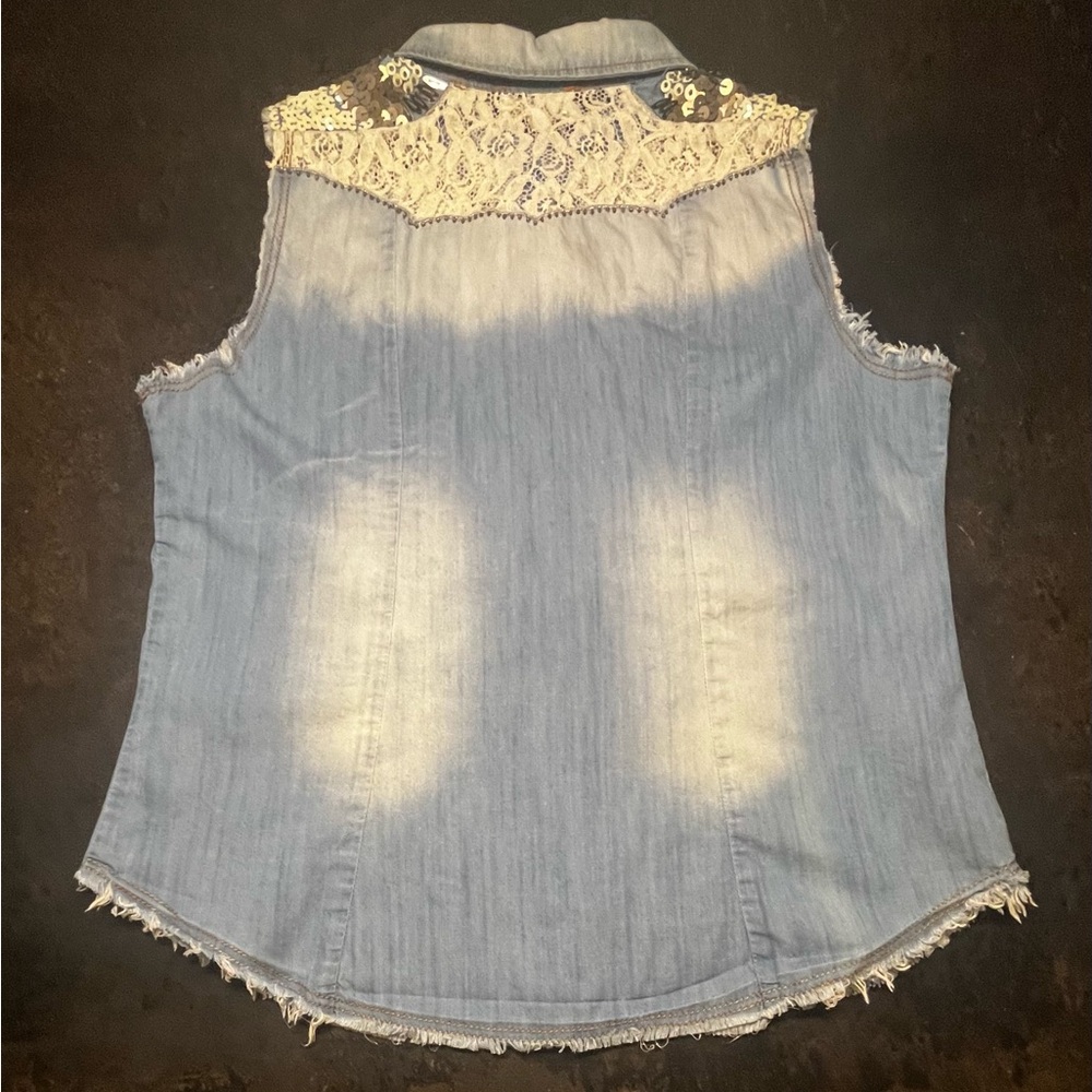 Miss Me Embellished Denim & Lace Top, M-L - Picture 2 of 6